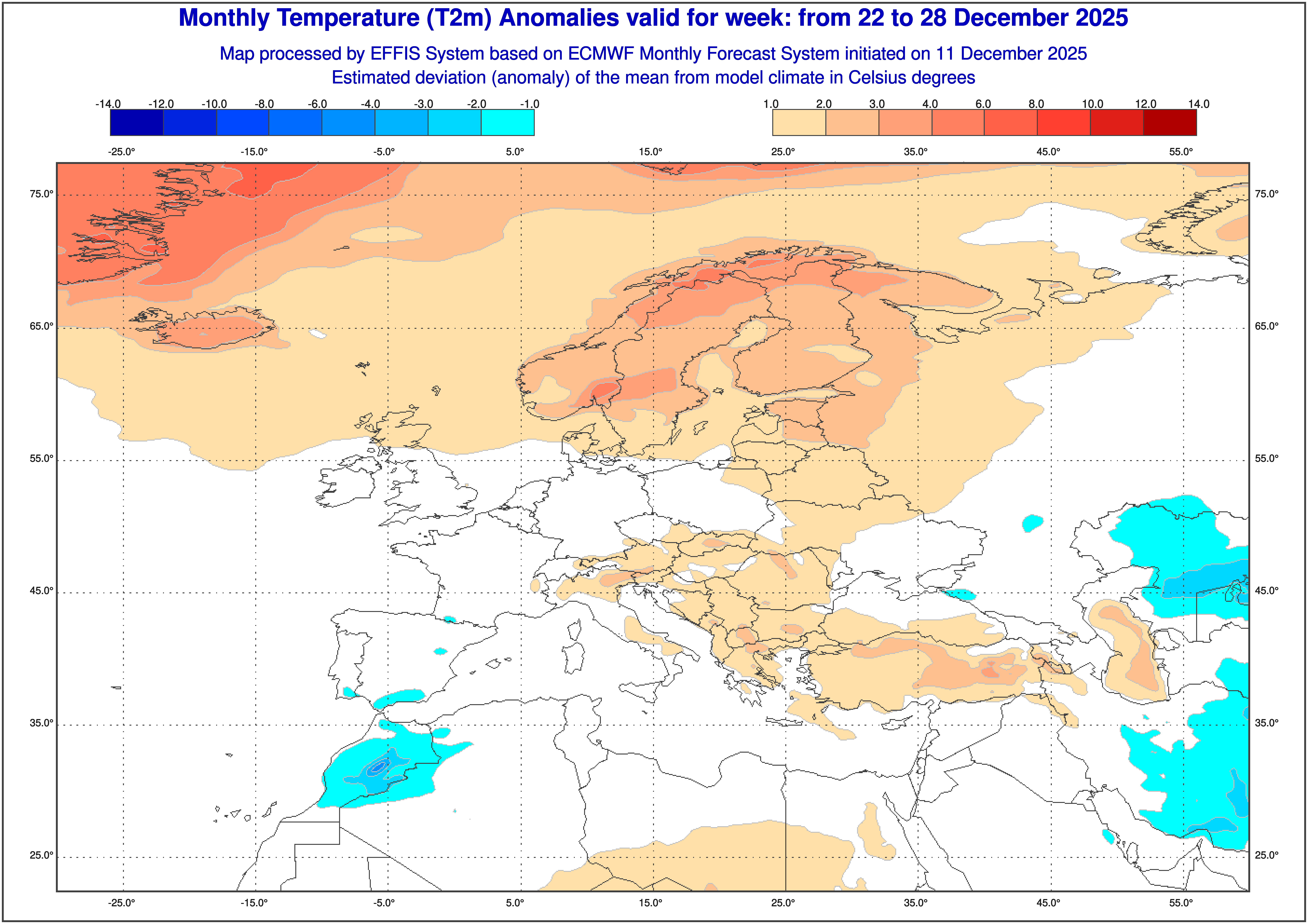 Die Temperaturabweichungskarte zeigt, dass die Temperaturen wieder etwas kühler werden. 