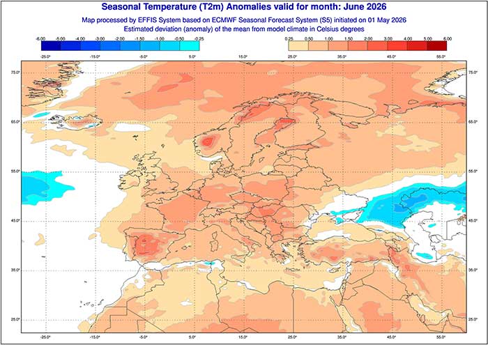 Das europäische Wettermodell berechnet den Juni insgesamt zu warm. 