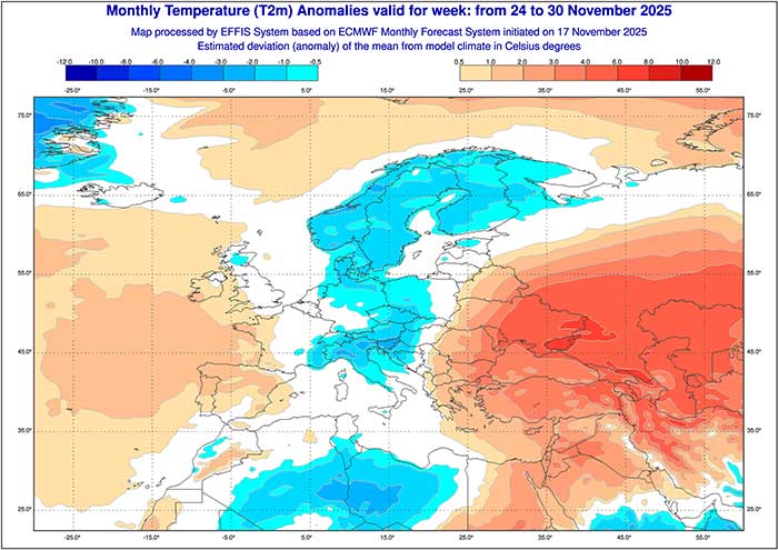 Das europäische Wettermodell berechnet auch die letzte Novemberwoche in weiten Teilen des Landes zu kalt. (Quelle: ECMWF/EFFIS)