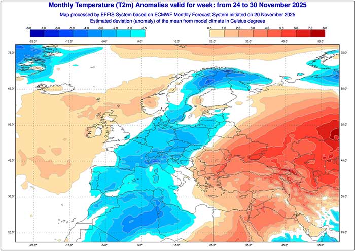 Das europäische Wettermodell berechnet auch die letzte Novemberwoche in weiten Teilen des Landes zu kalt. (Quelle: ECMWF/EFFIS) 
