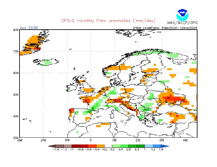 Das amerikanische Wettermodell berechnet eine Linie, in der im Juni etwas zu viel Regen fallen soll. 