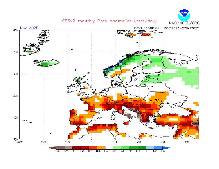 Beim Niederschlag soll besonders im Süden des Landes zu wenig fallen. (Quelle: NOAA)