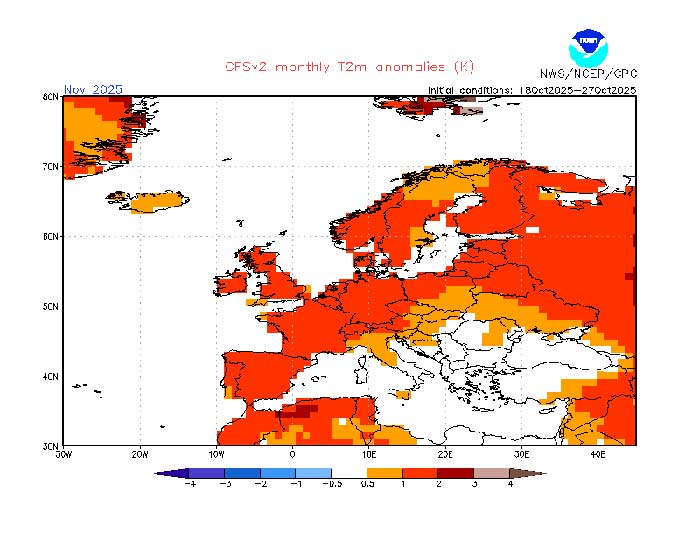 Das amerikanische Wettermodell berechnet den November mit höheren Temperaturen als im Durchschnitt. (Quelle: NOAA)