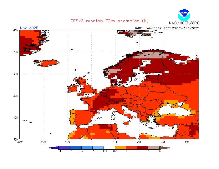 Das amerikanische Wettermodell berechnet den November 2025 insgesamt deutlich zu warm. (Quelle: NOAA)