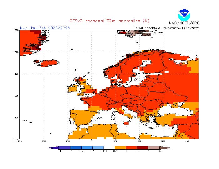 Das amerikanische Wettermodell der NOAA berechnet die Monate Dezember, Januar und Februar insgesamt zu warm. (Quelle: NOAA)