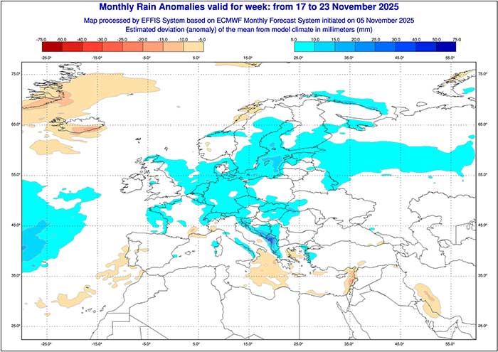 Das europäische Wettermodell zeigt in der dritten Novemberwoche mehr Niederschlag als gewöhnlich an.
