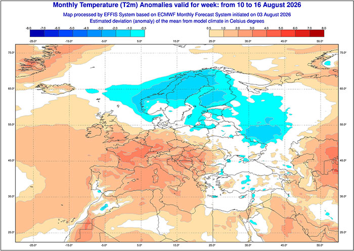 Temperaturmittel vom 10. bis 16. August 2026 laut ECMWF