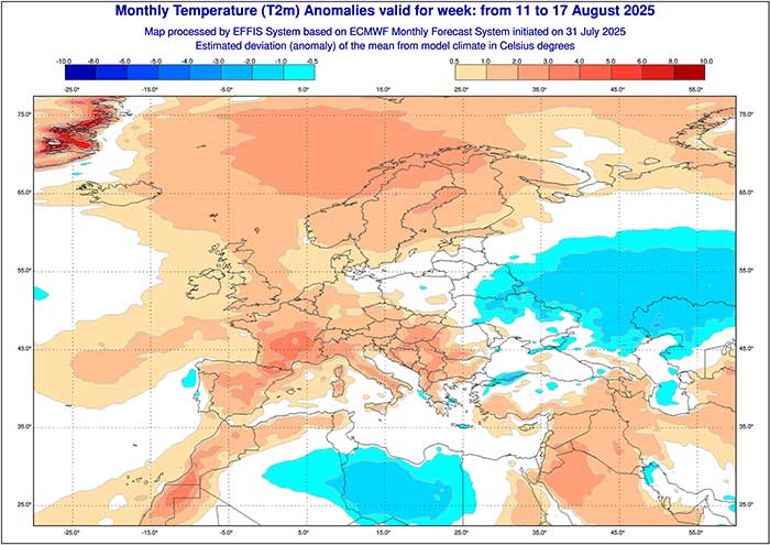 In der zweiten Augustwoche berechnet das ECMWF-Wettermodell höhere Werte als im Durchschnitt. 