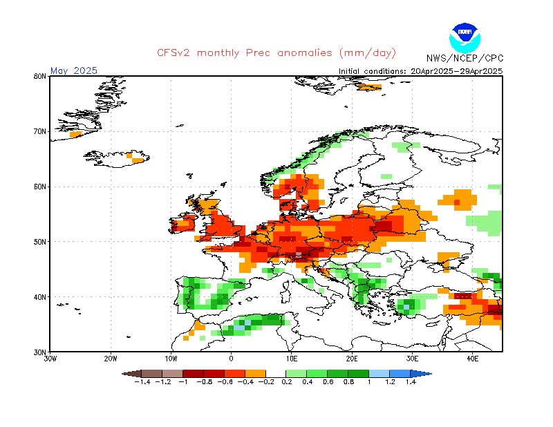 Nach dem Wettermodell der NOAA soll im Mai viel zu wenig Niederschlag fallen. 