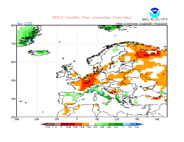 Laut dem Wettermodell der NOAA wird im September im Westen Deutschlands zu wenig Niederschlag fallen. 