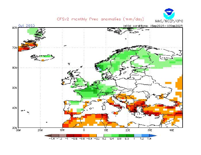 Das Wettermodell der NOAA berechnet im Süden und Westen zu viel Niederschlag im Oktober. 