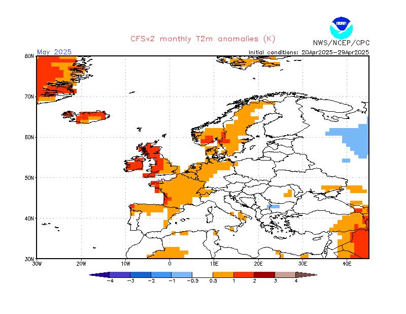 Im Norden und Westen wird der Mai laut dem Wettermodell der NOAA zu mild. 