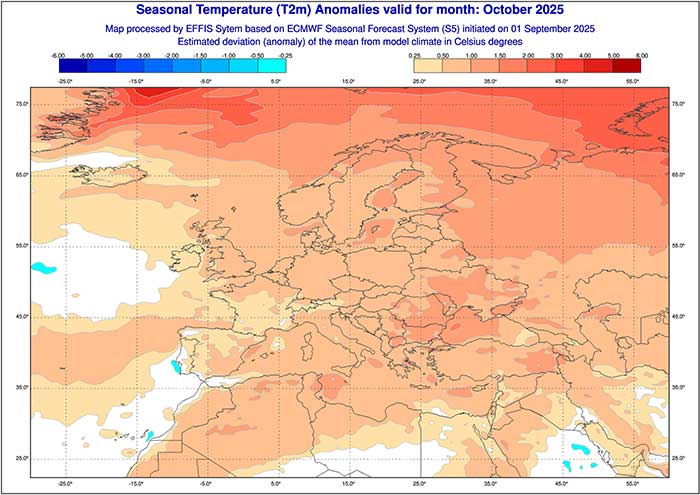 Das ECMWF-Modell berechnet den Oktober insgesamt zu warm. 