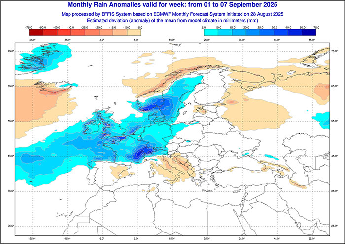 Niederschlag 1. bis 7. September 2025 laut ECMWF