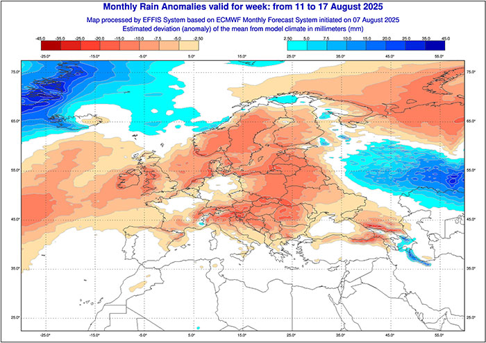 Regen 11. bis 17. August 2025 laut ECMWF