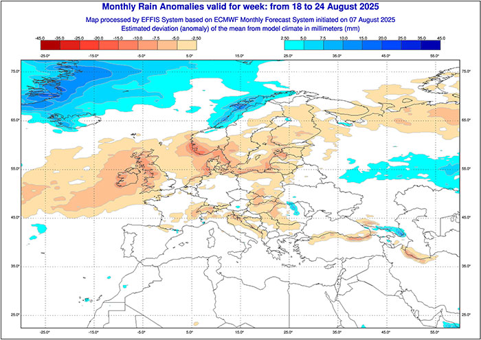 Regen 18. bis 24. August 2025 laut ECMWF