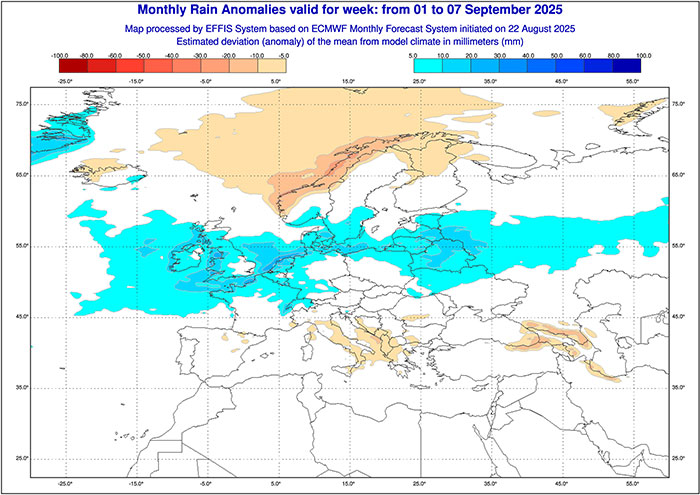 ECMWF Niederschlag 1. bis 7. September 2025
