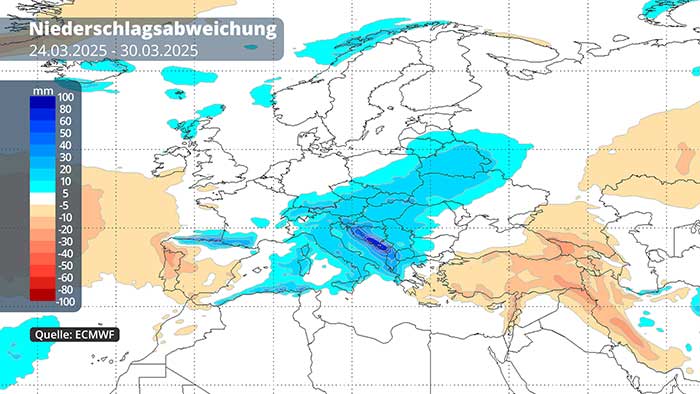 Im Mittelmeerraum bringt ein Unwettertief viel Regen in der letzten Märzwoche. 