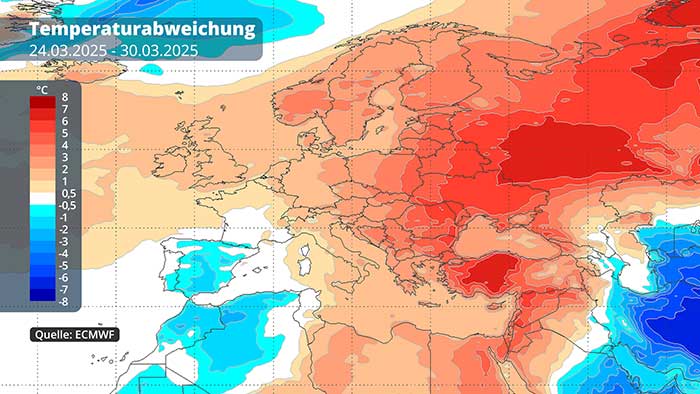 Die positive Temperaturabweichung in der letzten Märzwoche laut dem ECMWF-Modell. 