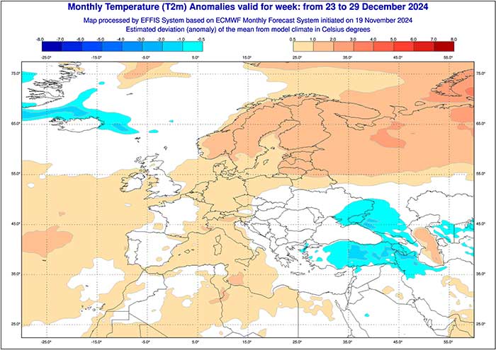 Das europäische Wettermodell ECMWF zeigt für die Weihnachtswoche zu hohe Temperaturen in Deutschland an. 