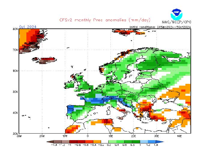 Das amerikanische Wettermodell der NOAA zeigt für den Oktober 2024 mehr Niederschlag als normal an. 