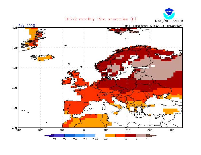 Das amerikanische Wettermodell der NOAA berechnet den Februar in Deutschland deutlich zu mild. 