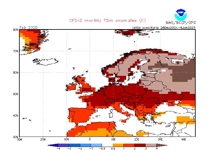 Das amerikanische Wettermodell der NOAA berechnet für den Februar in ganz Deutschland zu hohe Temperaturen. 