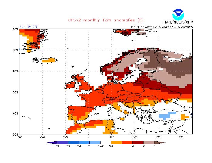 Das amerikanische Wettermodell der NOAA berechnet den Februar 2025 für Deutschland als zu warm.