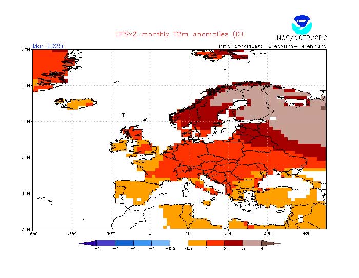 Das amerikanische Wettermodell der NOAA berechnet den März in Deutschland im Moment als zu warm. 