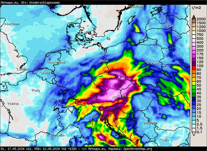 Die Regensummen im Osten Europas bis Dienstag, den 17.09.2024. 