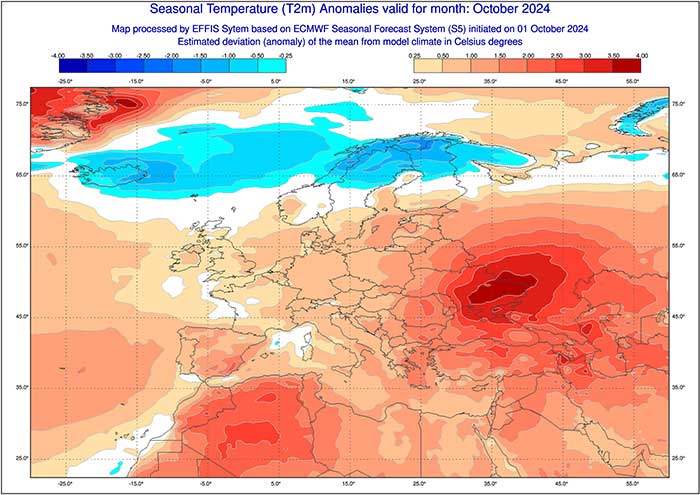 Eine positive Temperaturabweichung berechnet das europäische ECMWF-Modell für den Oktober 2024. 