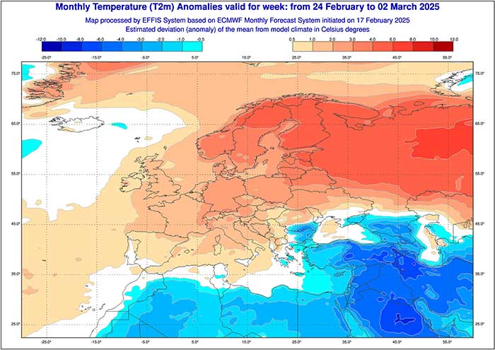 Das ECMWF-Modell berechnet die letzte Februarwoche zu warm. 