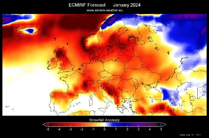 Das ECMWF-Modell zeigt eher wenig Schneefall in Deutschland. 