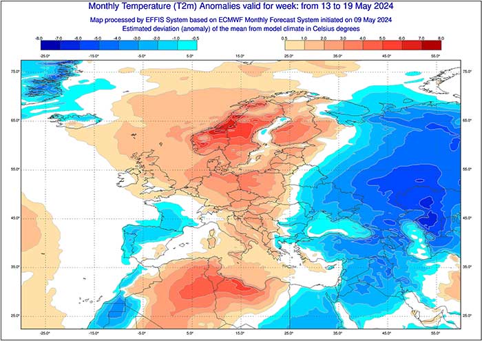 Das ECMW Modell zeigt positive Temperaturabweichungen für Mitte Mai.