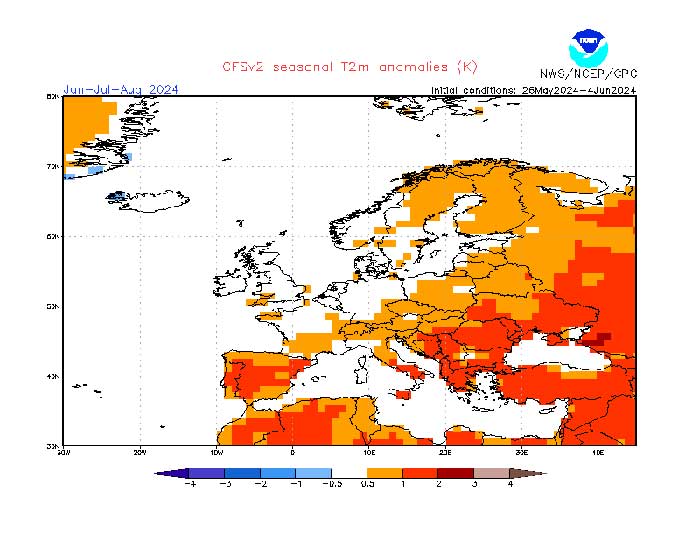 Die berechnete Temperatur in den Sommermonaten Juni, Juli und August durch das amerikanische Wettermodell der NOAA.
