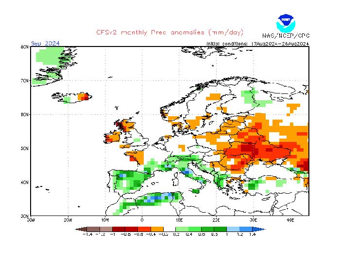 Die Niederschlagsabweichung im September nach dem Wettermodell der NOAA.