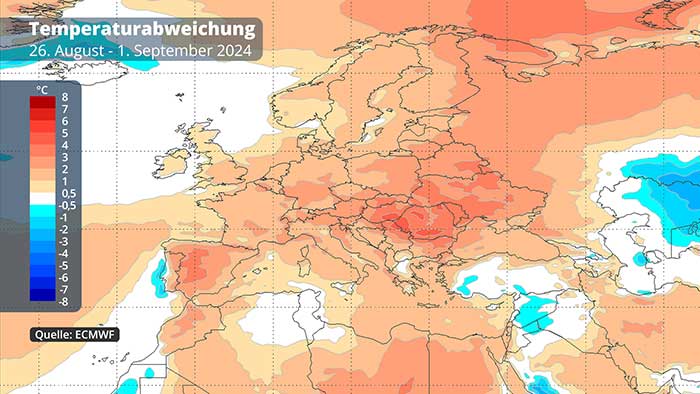 Die Temperaturabweichungen in der letzten Augustwoche. 