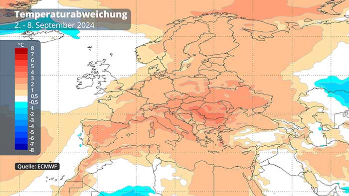 Die Abweichungen von der Temperatur in der ersten Septemberwoche. 