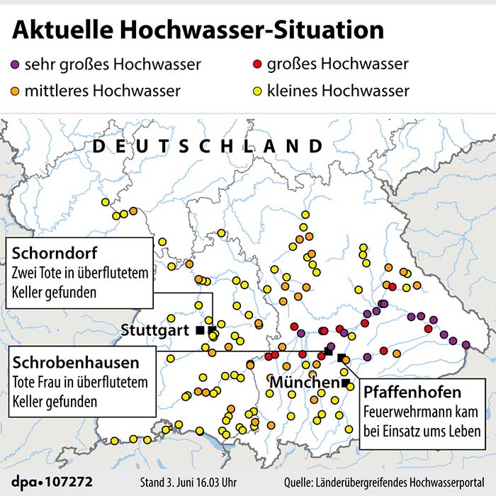 Aktuelle Hochwassersituation an den Flüssen in Deutschland. 