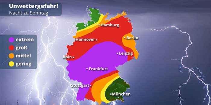 Die Unwettergefahr in Deutschland am Samstagabend und in der Nacht zu Sonntag.