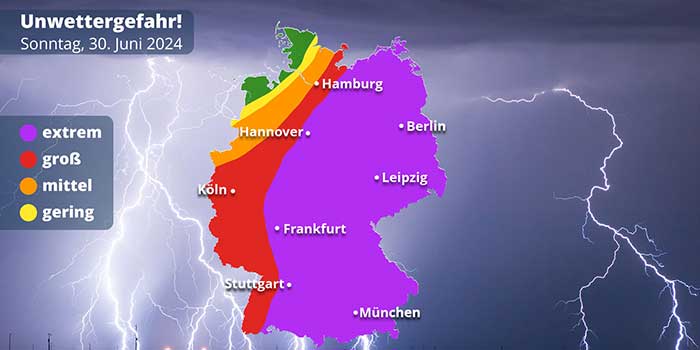 Die Unwettergefahr am Sonntag in Deutschland. 