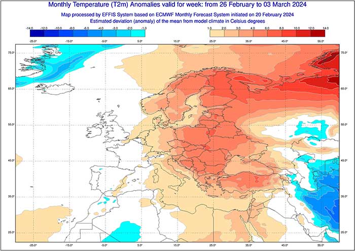 Das europäische Wettermodell rechnet in der letzten Februarwoche mit zu warmen Werten in Deutschland. 