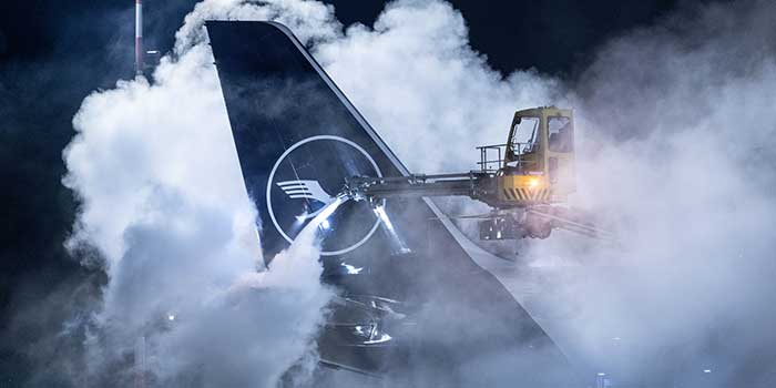 Eine Lufthansa-Maschine wird auf dem Flughafen Frankfurt enteist.