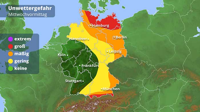 Warnkarte für den Mittwochvormittag. Besonders der Nordosten und Südosten Deutschlands sind betroffen. 