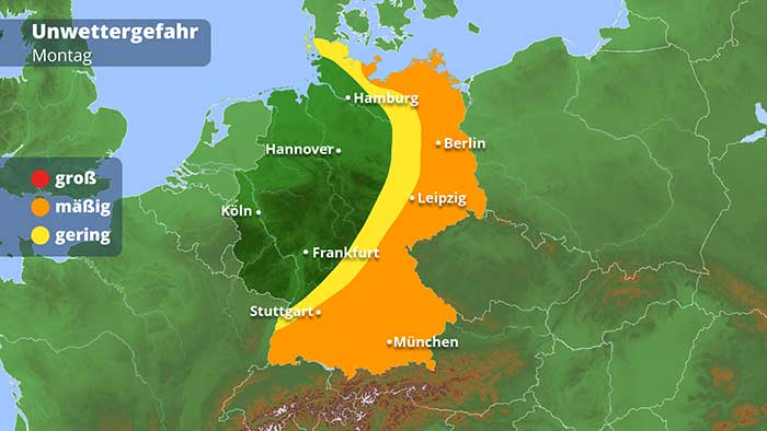 Warnkarte: Die Unwettergefahr am Montag ist etwas schwächer. Betroffen sind der Süden und Osten Deutschlands. 
