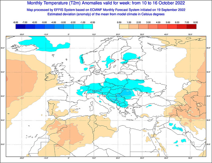 ECMWF-Modell für Mitte Oktober zeigt zu kalte Temperaturen im Süden Deutschlands. 
