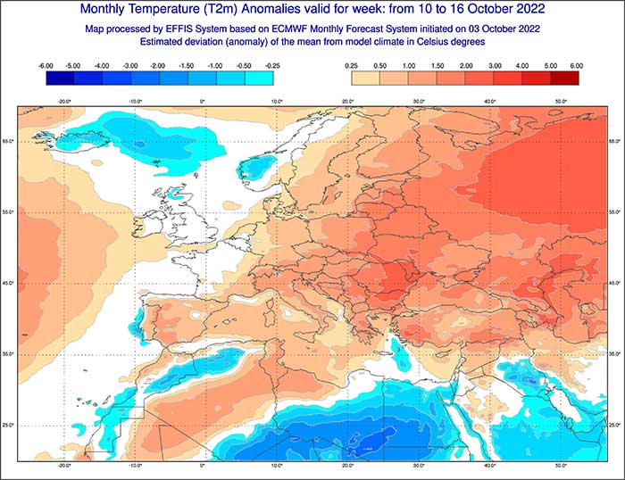 Positive Temperaturabweichung im Oktober laut dem europäischen ECMWF-Modell. 