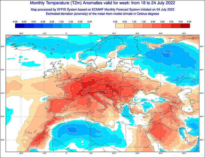 Das ECMWF-Modell rechnet im Juli mit zu hohen Temperaturen in Deutschland. 