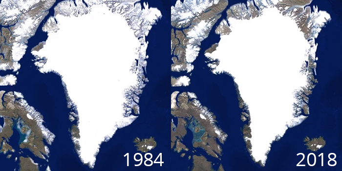 Gletscherschmelze in Grönland 1984 vs. 2018