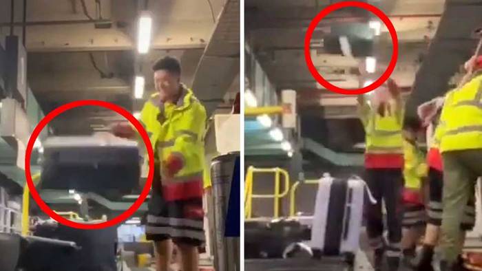 Völlig unmotiviert: Flughafenmitarbeiter feuern lustlos Koffer aufs Gepäckband